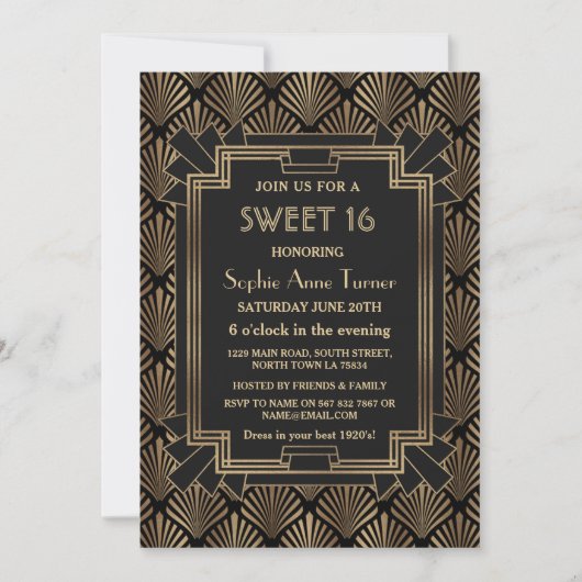 Unieke Gold Black Great Gatsby Art Deco SWEET 16 Kaart (Voorkant)