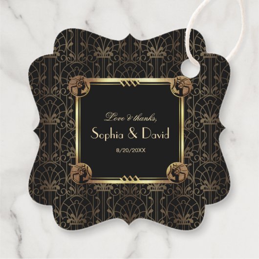 Unieke Gouden Zwarte Great Gatsby Art Deco Bruilof Bedankjes Labels (Achterkant)
