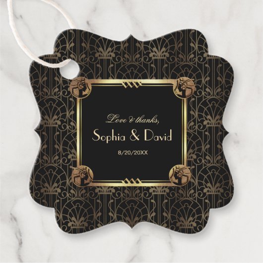 Unieke Gouden Zwarte Great Gatsby Art Deco Bruilof Bedankjes Labels (Voorkant)