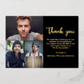 Unieke grafmonument 3 foto collage Zwart Goud Folie Uitnodiging (Voorkant)