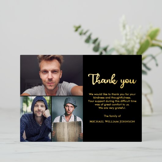 Unieke grafmonument 3 foto collage Zwart Goud Folie Uitnodiging (Staand Voorkant)