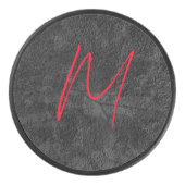 Unieke grijs rood monogram naam initiaal kalligraf hockey puck (Voorkant)