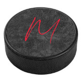 Unieke grijs rood monogram naam initiaal kalligraf hockey puck (3/4)