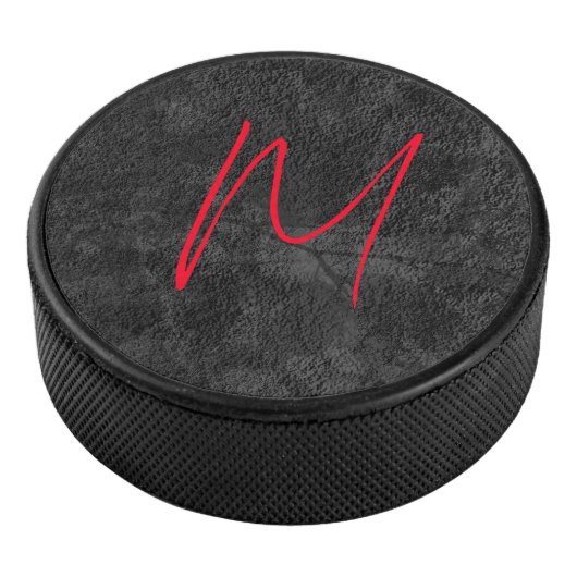 Unieke grijs rood monogram naam initiaal kalligraf hockey puck (3/4)