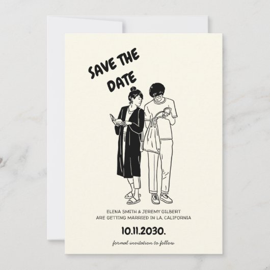 Unieke grillige eigenzinnige hand getrokken paar b save the date (Voorkant)