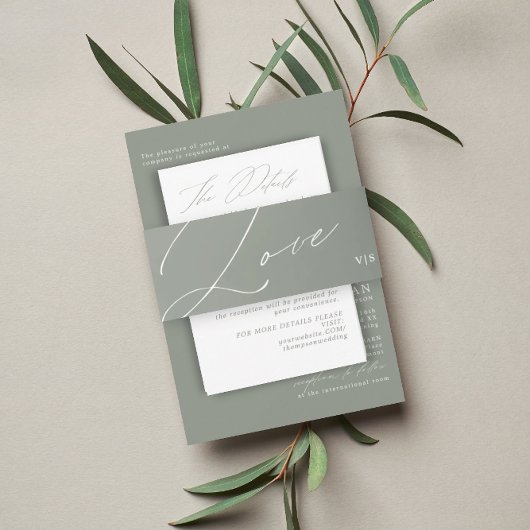 Unieke Groene Sage Liefde Monogram Bruiloft Uitnodigingen Wikkel