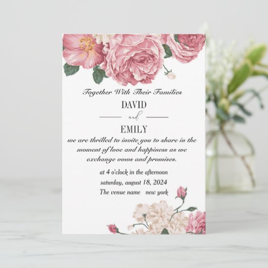 Unieke huwelijksuitnodiging met rode en witte Roze Save The Date (Staand voorkant)