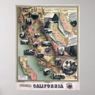 Unieke kaart van Californië (1888) Poster