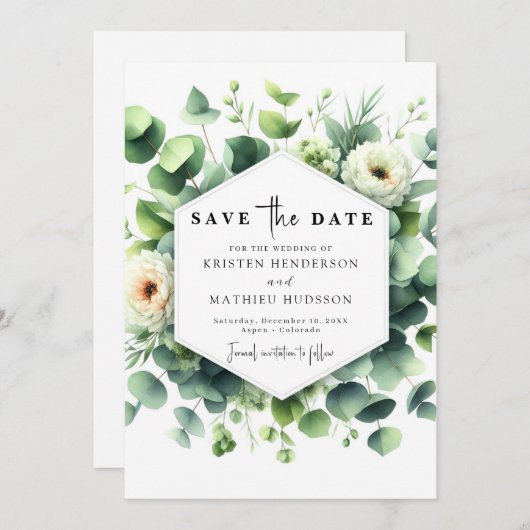 Unieke Leaf Eucalyptus digitale bruiloft Save The Date (Voorkant / Achterkant)