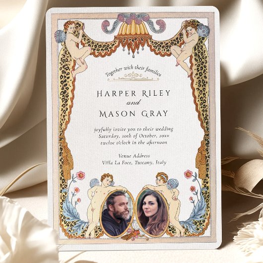 Unieke Leopard Print Cherub Fotobruiloft Kaart