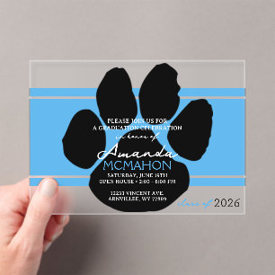 Unieke lichtblauwe & zwarte Afstuderen Pawprint Acryl Uitnodigingen