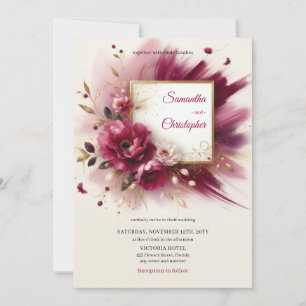 Unieke magenta bloemen en gouden lijsten bruiloft kaart