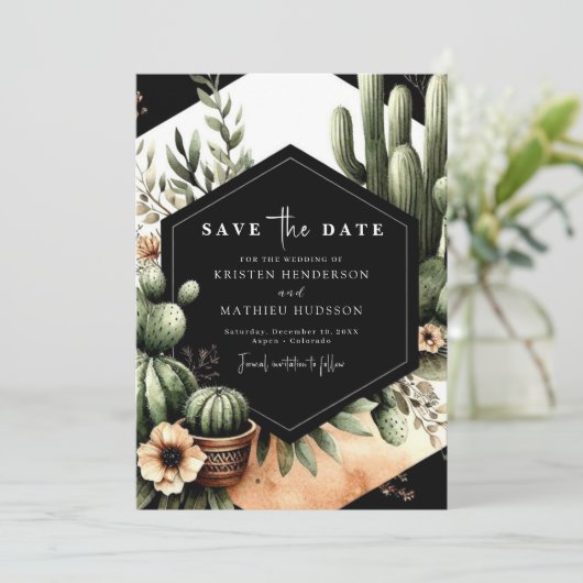 Unieke moderne cactus bruiloft save the date (Staand voorkant)