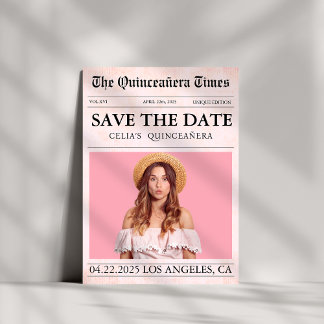 Unieke moderne roze Quinceañera krantenfoto Save The Date