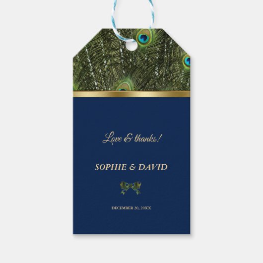 Unieke Navy Blauwe Gouden Pauwveren Bruiloft Cadeaulabel (Voorkant)