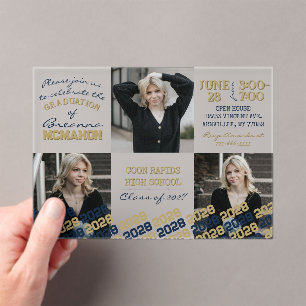 Unieke Navy Blue & Gold Afstuderen 3 Foto Frosted Acryl Uitnodigingen