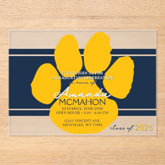 Unieke Navy & Gold Afstuderen Pawprint Elegant Acryl Uitnodigingen (Voorkant)