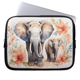 Unieke Olifant Moeder en Kind Bloemen Waterverf Laptop Sleeve