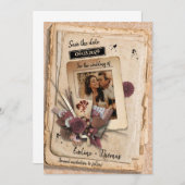 Unieke retro  blush bogundy rozen save the date (Voorkant / Achterkant)