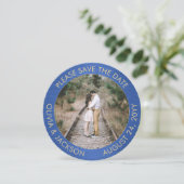 Unieke Ronde Foto Geborsteld Blauw en Gouden Huwel Save The Date (Staand voorkant)
