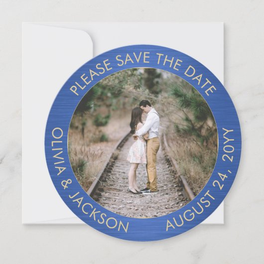 Unieke Ronde Foto Geborsteld Blauw en Gouden Huwel Save The Date (Voorkant)