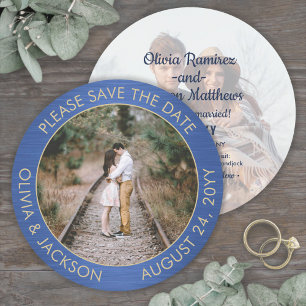 Unieke Ronde Foto Geborsteld Blauw en Gouden Huwel Save The Date