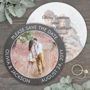 Unieke Ronde Foto Modern Grijs Chalkboard Bruiloft Save The Date