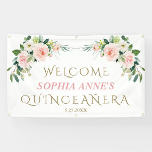 Unieke Roze Blush Floral Quinceañera Welkomstteken Spandoek
