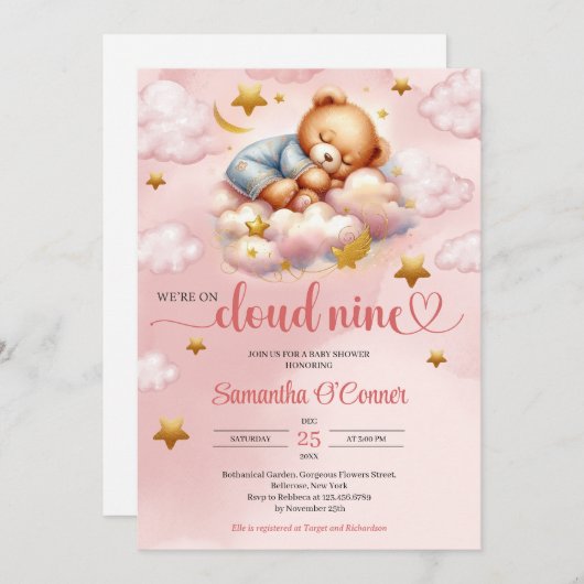Unieke roze en gouden beren wolk negen Baby shower Kaart (Voorkant / Achterkant)