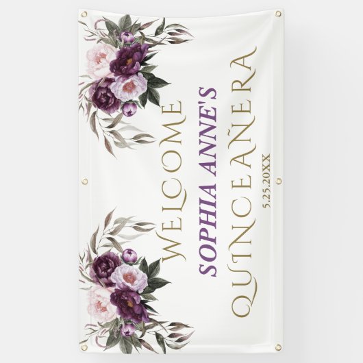 Unieke Roze Paarse Floral Quinceañera Welkomstteke Spandoek (Verticaal)
