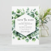 Unieke speelse eucalyptus digitale bruiloft save the date (Staand voorkant)