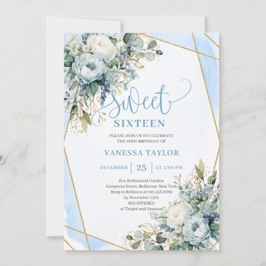 Unieke Stof Blauw Wit Gouden Bloemen Sweet 16 Kaart (Voorkant)