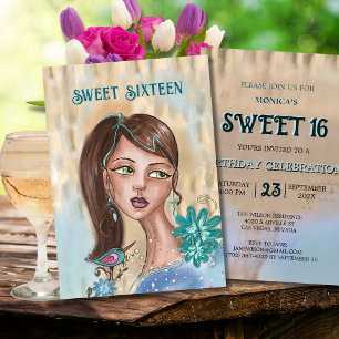Unieke Sweet 16 uitnodiging - Retro bloemenmeisje