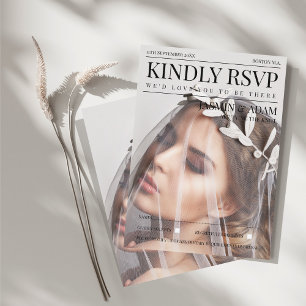 Unieke tijdschrift stijl redactionele foto bruilof informatiekaartje