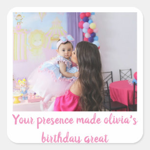 Unieke verjaardag baby foto gast bedankje vierkante sticker