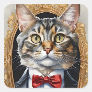 Unieke Waterverf Tabby Cat Tuxedo Blue Bow Stropda Vierkante Sticker