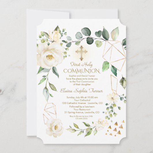 Unieke witte bloemen gouden lijst heilige communie kaart (Voorkant)