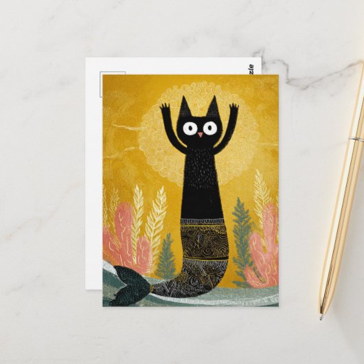 Unieke Zwarte Kitty Zeemeermin Briefkaart (Voorkant / Achterkant in situ)