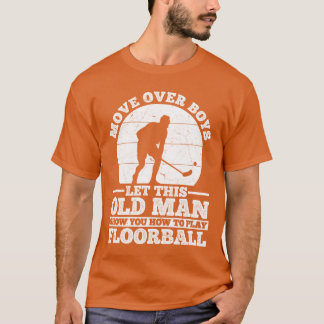Unihockeyzijn oude man laat je zien hoe je vloer m t-shirt