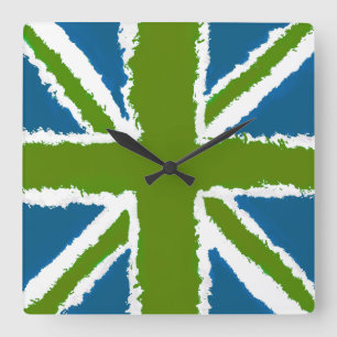 Union Jack Art Groene Blauwgroen tinten Wall Art Vierkante Klok