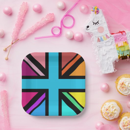 Union Jack/Flag veelkleurig + zwart ontwerp Papieren Bordje (Feest)
