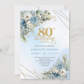 Unique 80th Birthday Invitation Boho Blue White  Kaart (Voorkant)