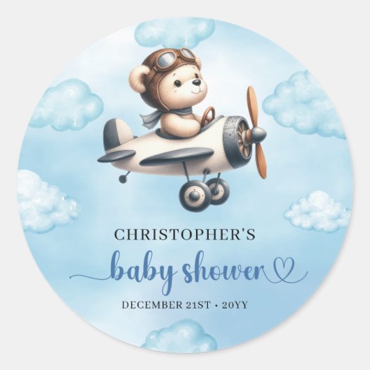 Unique Boy Baby Shower Sticker Blue Brown Teddy (Devant)