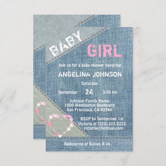 UNIQUE Denim Girls Baby Shower Invitations (Devant / Derrière)