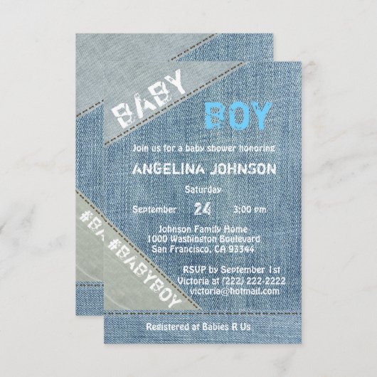 UNIQUE Denim Jeans Boy Baby Shower Invitations (Devant / Derrière)