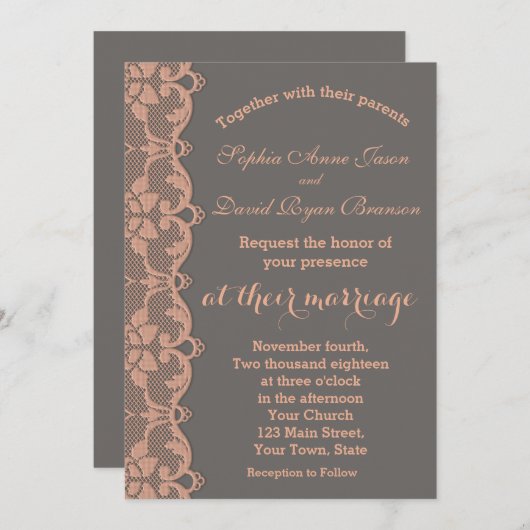 Unique Faire-part de mariage de dentelle gris poir (Devant / Derrière)