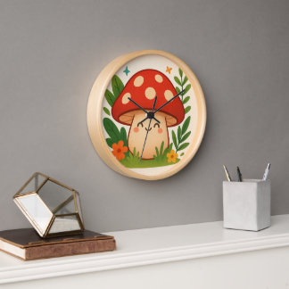 Unique Illustrated Mushroom Home Decor Clock