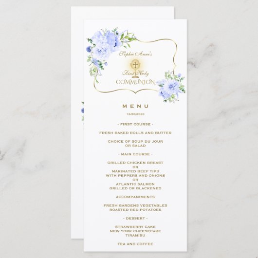 Unique Spring Blue Floral Gold Holy Communion Menu (Devant / Derrière)