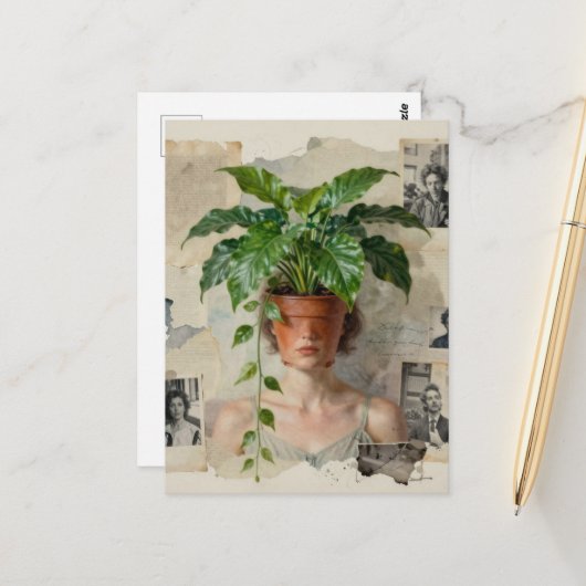 Unique Surreal Flower Pot Woman Briefkaart (Voorkant / Achterkant in situ)