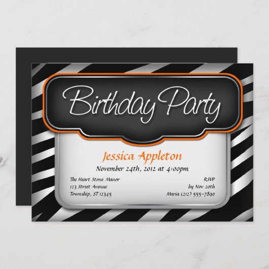 Unique Zebra Imprimer Orange Invitations Anniversa (Devant / Derrière)